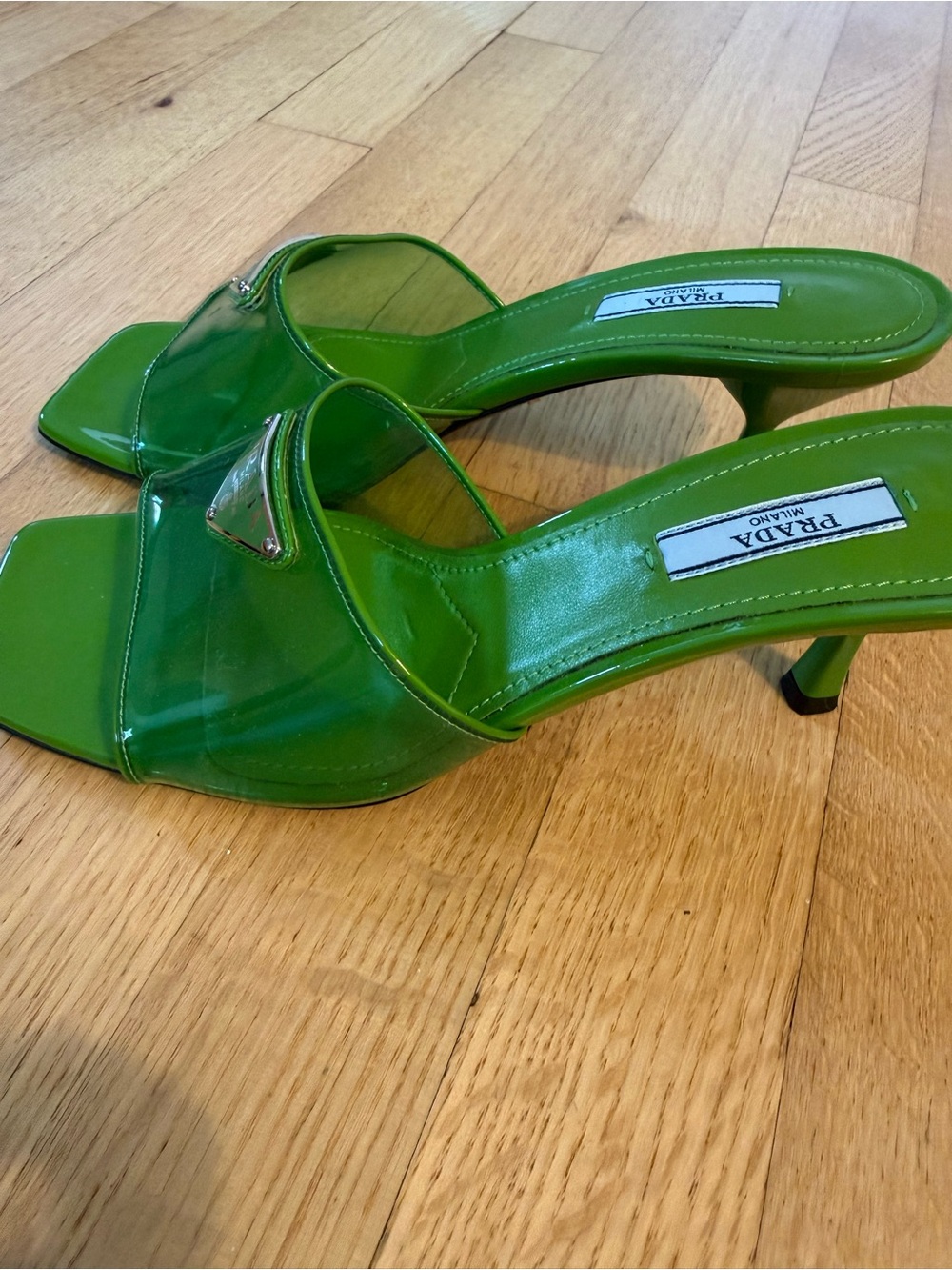 Prada Neon Green Patent PVC Triangle Logo Slides Size 37.5 Fits US 7.5 w/ Box - Picture 2 of 10
